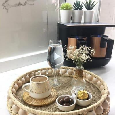 Wooden Beaded Decorative Tray – Handmade Boho Serving Tray