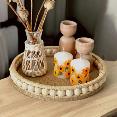 Wooden Beaded Decorative Tray – Handmade Boho Serving Tray