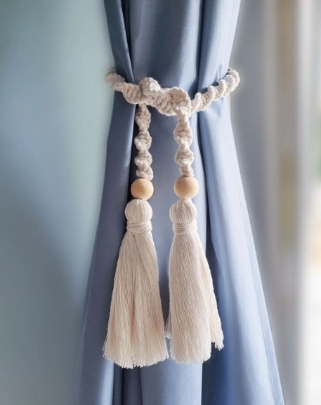 Macrame Curtain Tieback with Tassels & Wooden Beads – Boho Decor