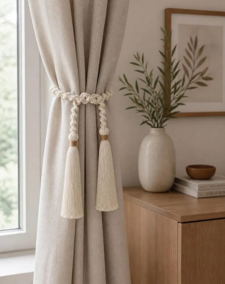 Macrame Curtain Tieback with Tassels & Wooden Beads – Boho Decor