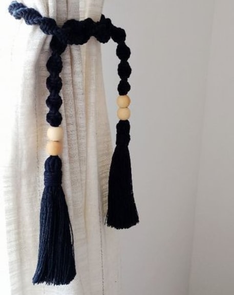 Macrame Curtain Tieback with Tassels & Wooden Beads – Boho Decor