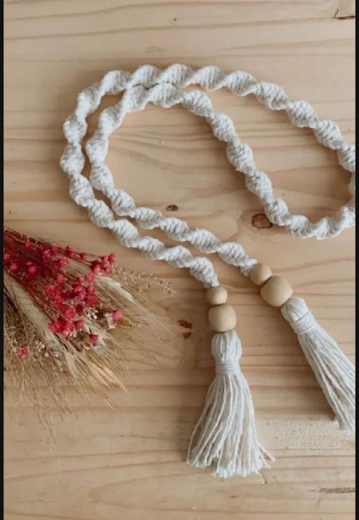 Macrame Curtain Tieback with Tassels & Wooden Beads – Boho Decor
