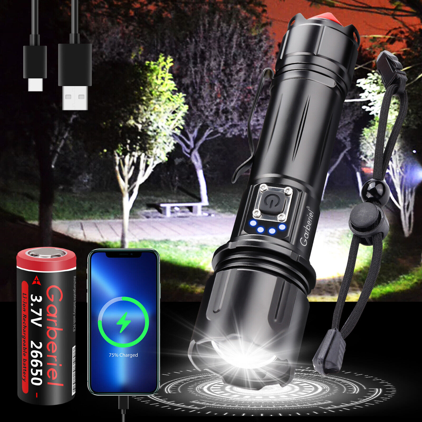 Garberiel Powerful Led Flashlight 30000 High Lumens Zoom Super Bright Torch  with Glass Breaker for Emergency Hiking Hunting Camping (Included 26650