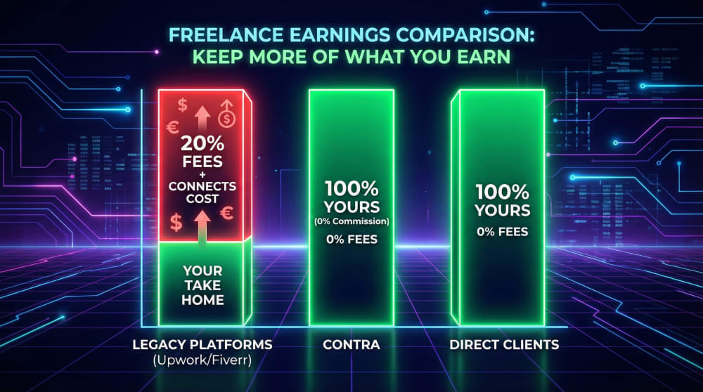 Chart comparing Upwork fees versus Contra and Direct Sales