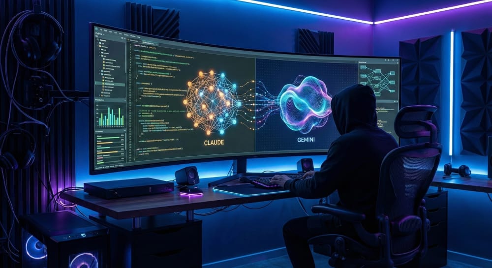 Developer analyzing AI coding benchmarks on multiple monitors