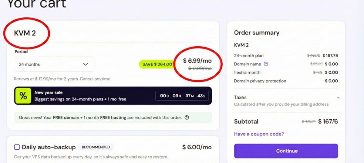 Hostinger VPS checkout page highlighting KVM 2 plan and affordable pricing