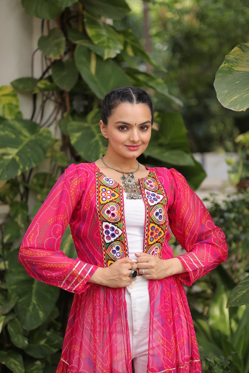 Bandhani Shrug Kurti Kutchi Patchwork Faux Georgette Festive Fusion Wear