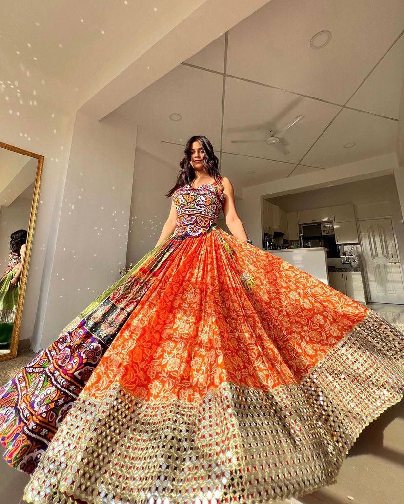 Designer Printed Muslin Cotton Lehenga Choli Mirror Work-ALC052