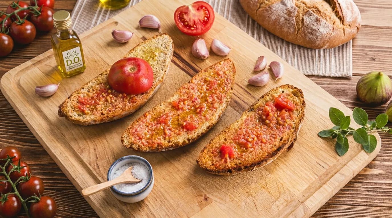 Pa amb oli served as a starter, Mallorcan bread with ramellet tomato, olive oil and sea salt