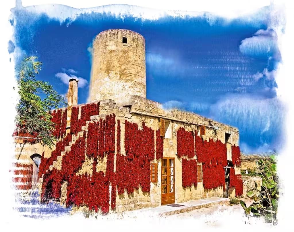 Strings of Tap de Cortí peppers hanging to dry on a stone house facade in Sant Jordi, Mallorca