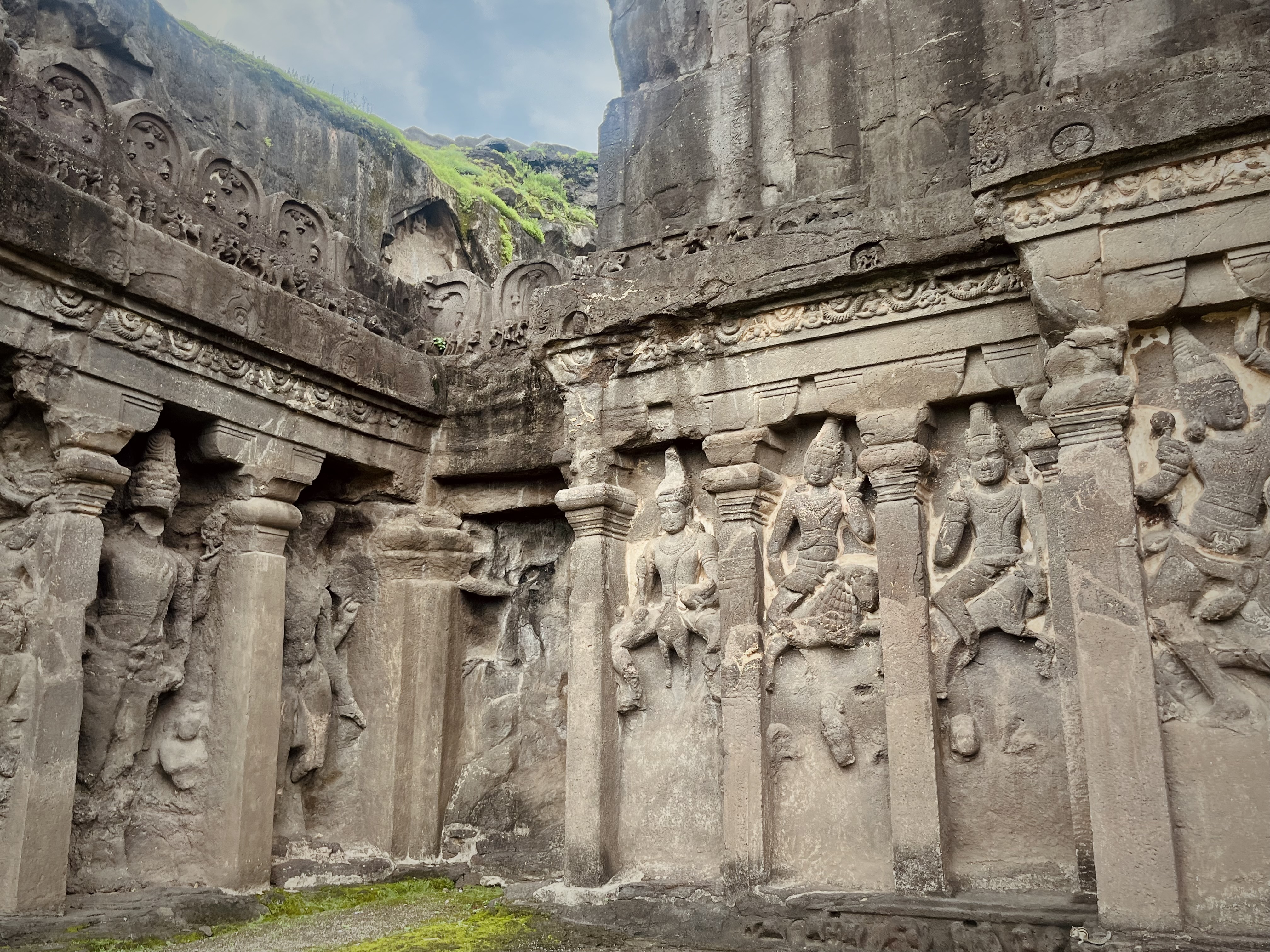 A side of the Kailashnath temple depicting Hindu mythology