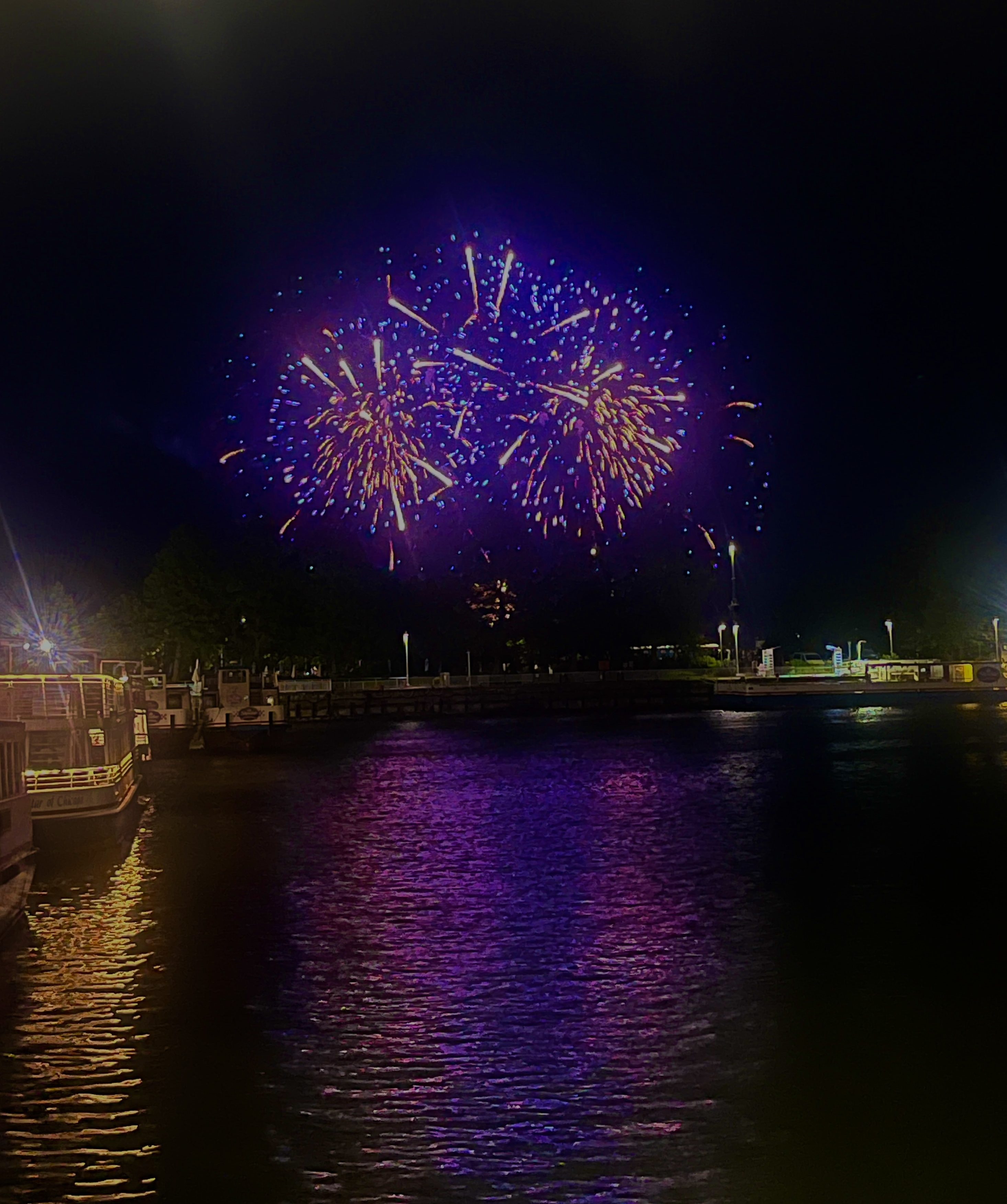 Fireworks display over Chicago at night with purple and white bursts illuminating the dark sky above the city lights and water