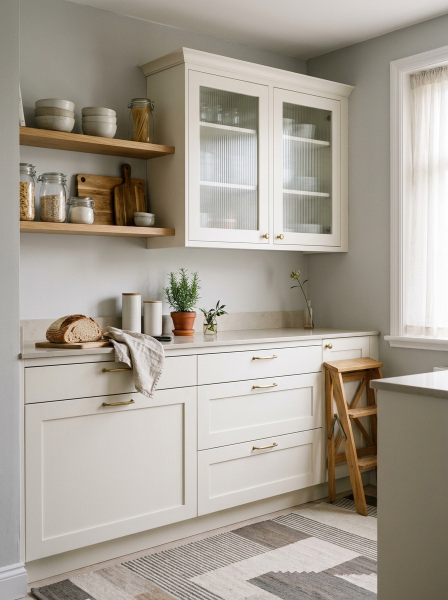 Use Glass Doors or Fluted Panels to Break Up a Solid Wall of Cabinetry