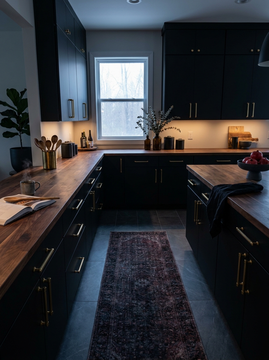 Matte Black Cabinetry with Warm Brass Hardware