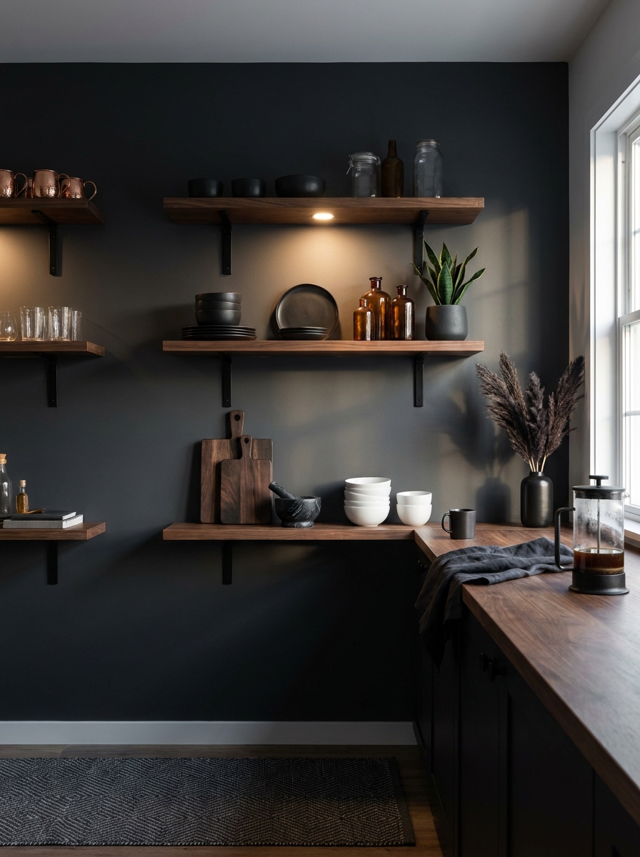Deep Charcoal Walls with Open Shelving