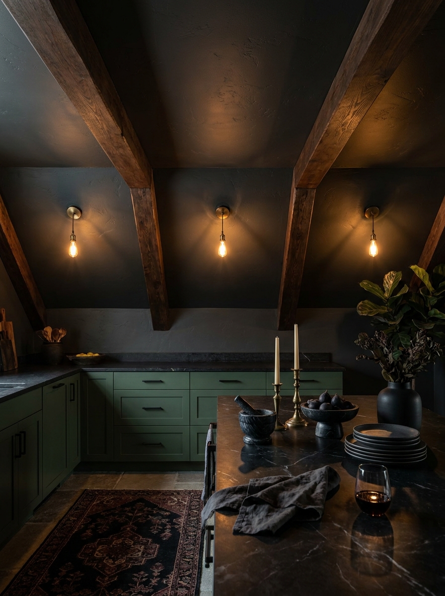 Dark Wood Beams Against Charcoal Ceilings