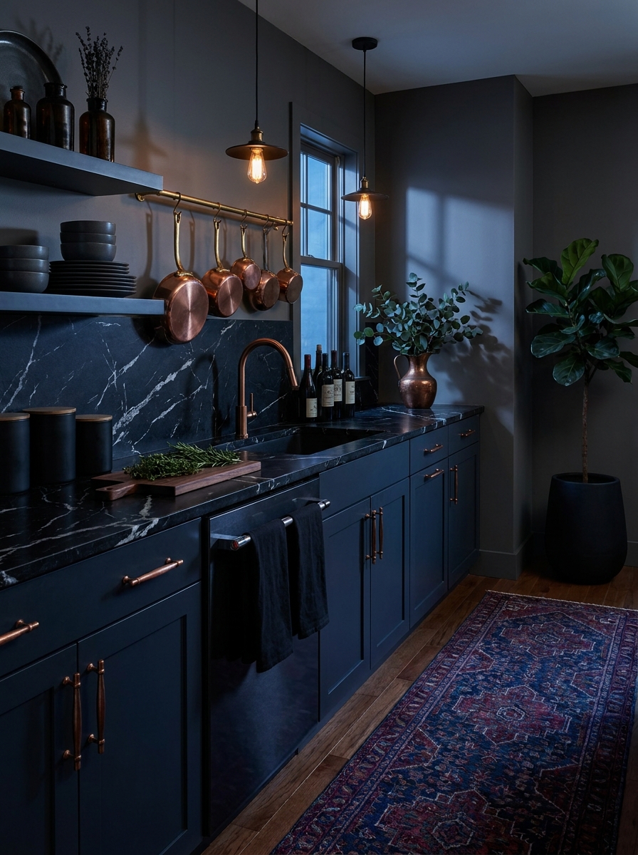 Navy Blue Lower Cabinets with Black Marble Countertops