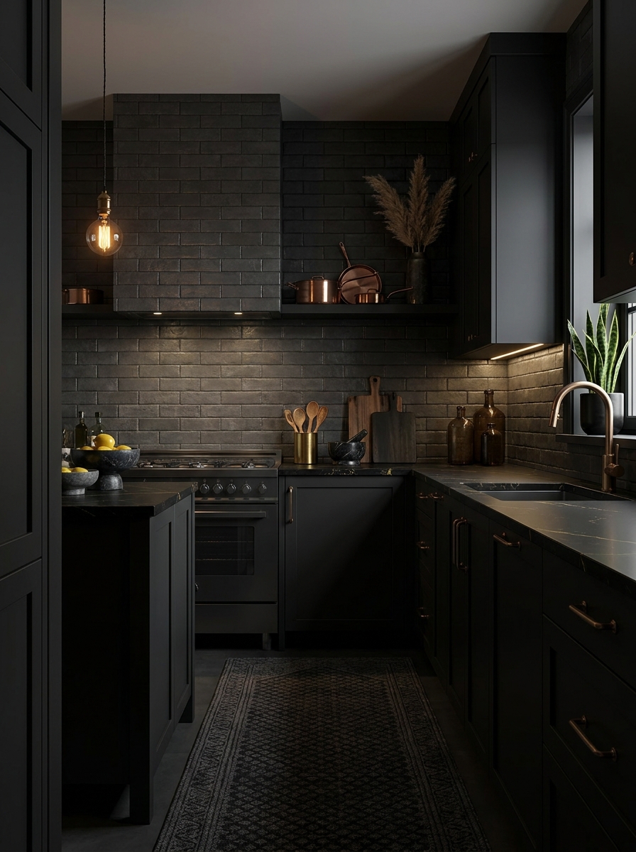 Floor-to-Ceiling Dark Tile Backsplash
