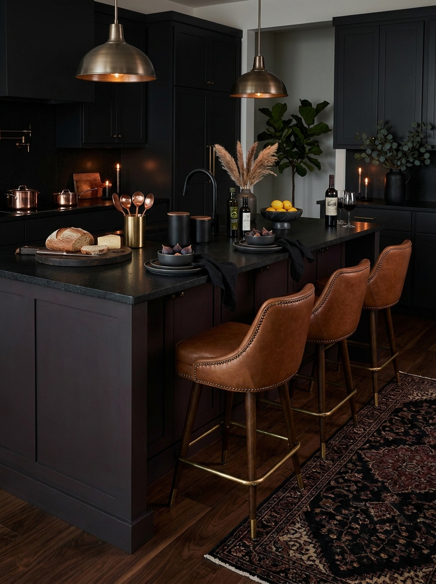Leather Bar Stools Against a Charcoal Island