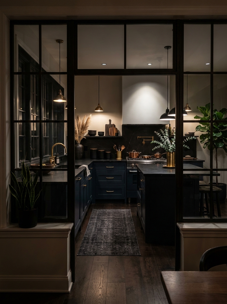 Blackened Steel Windows Between Kitchen and Dining