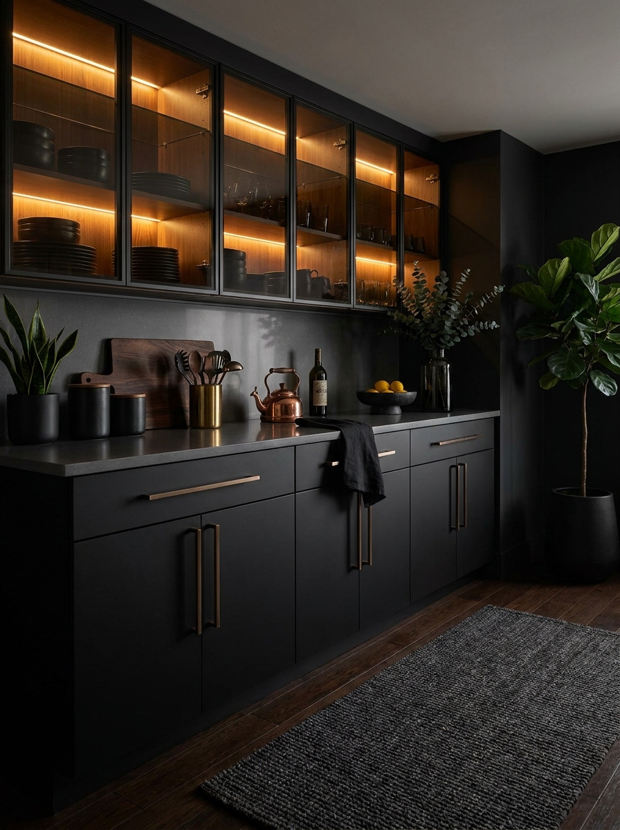 Smoked Glass Upper Cabinets with Internal LED Lighting