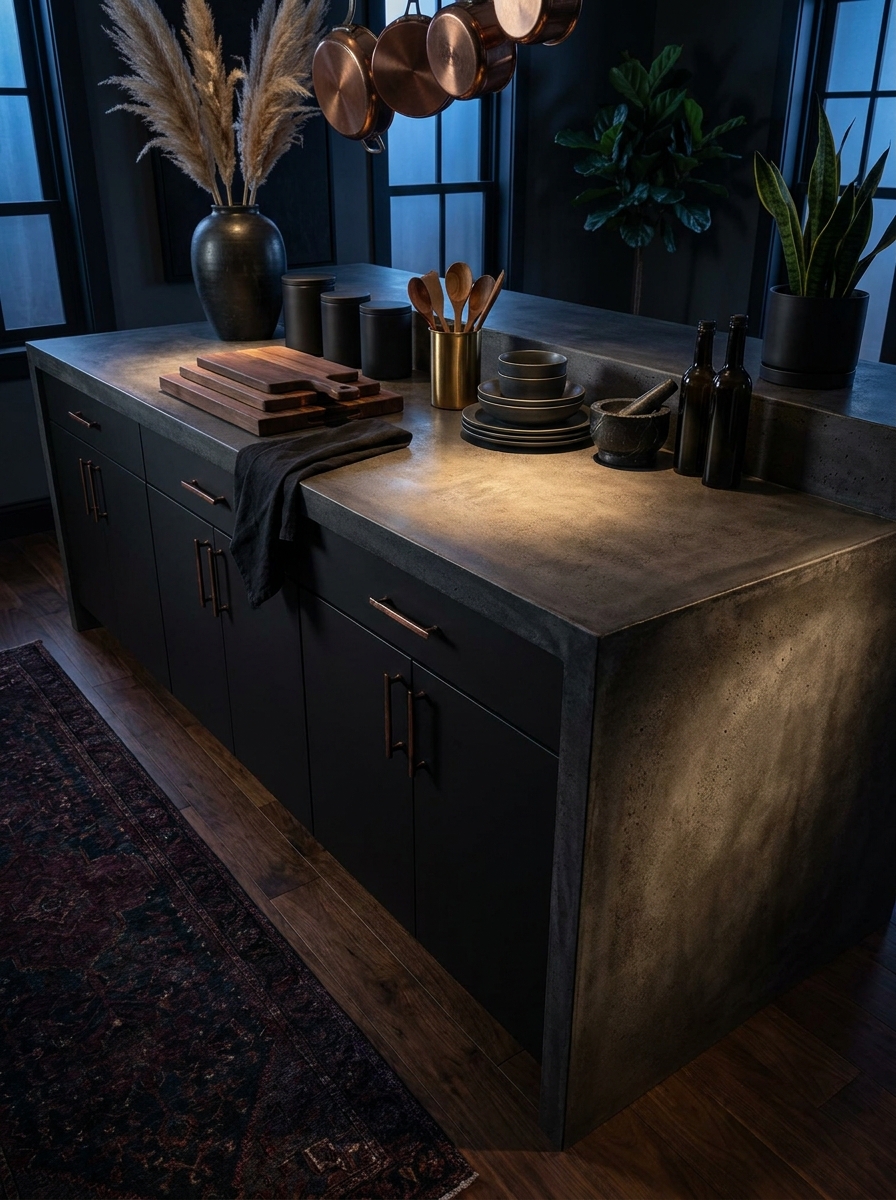 Charcoal Concrete Countertops with Waterfall Edges