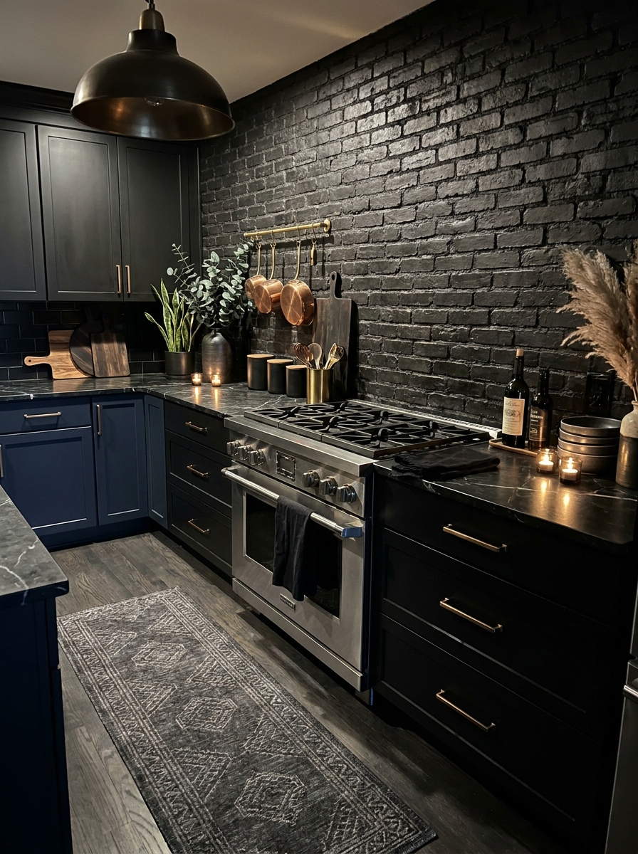 Blackened Brick Accent Wall Behind the Stove