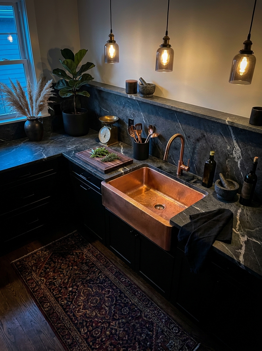 Dark Soapstone Countertops with Undermount Copper Sink