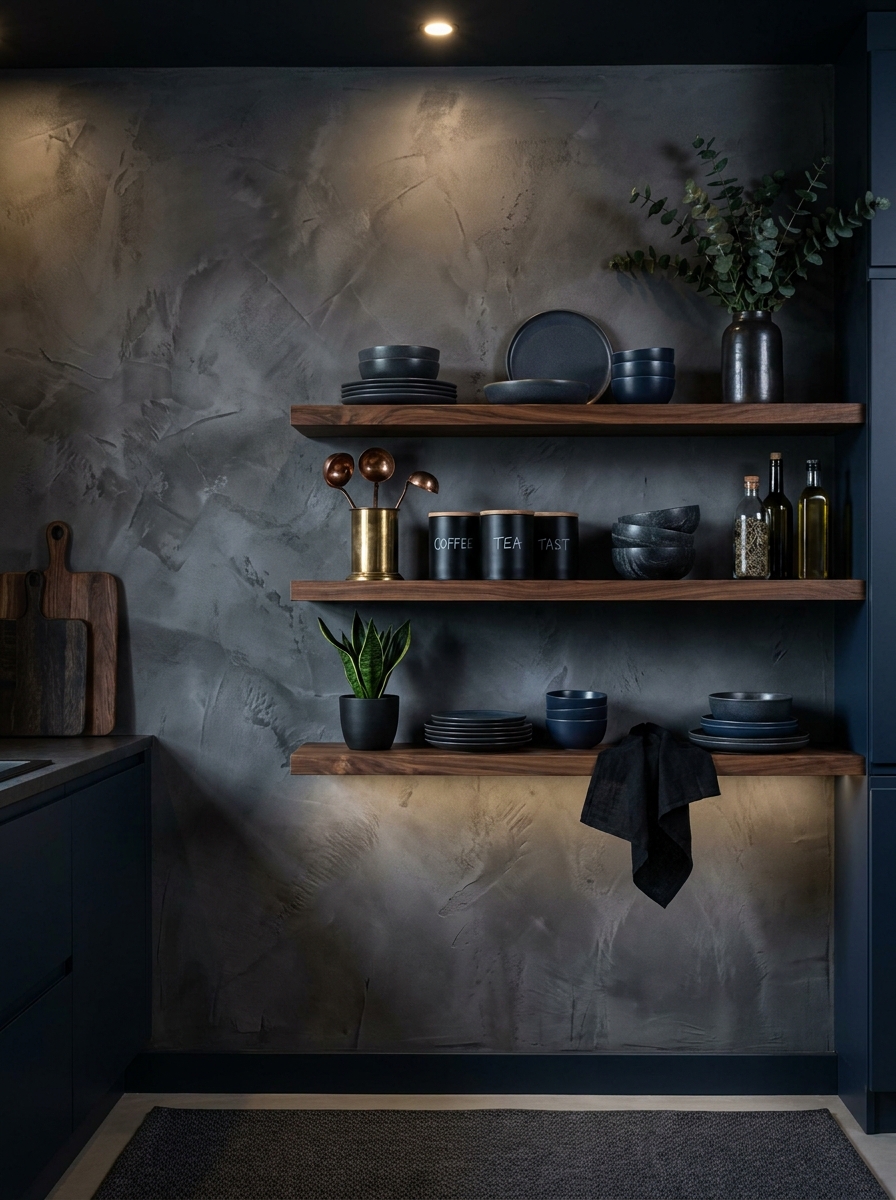 Charcoal Plaster Walls with Floating Dark Walnut Shelves