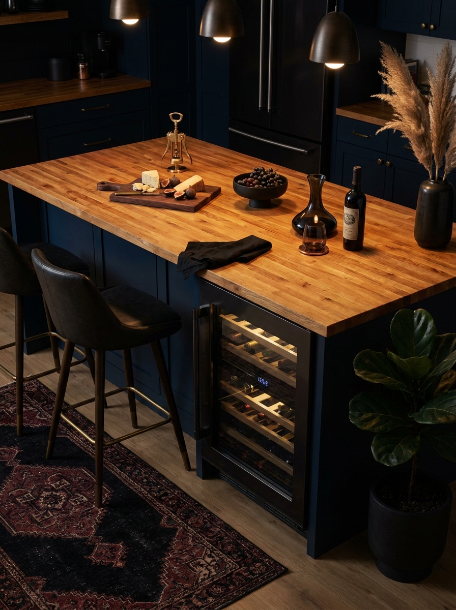 Midnight Blue Island with Integrated Wine Cooler and Butcher Block Top