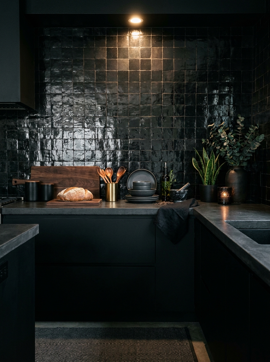 Black Zellige Tile Backsplash with Dark Grout