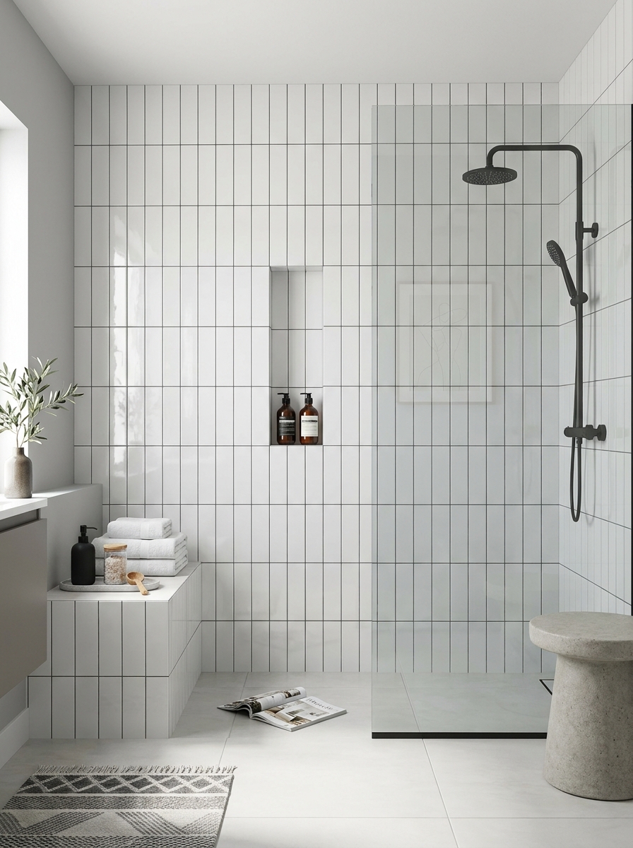 Vertical Stacked Subway Tile That Lifts the Ceiling