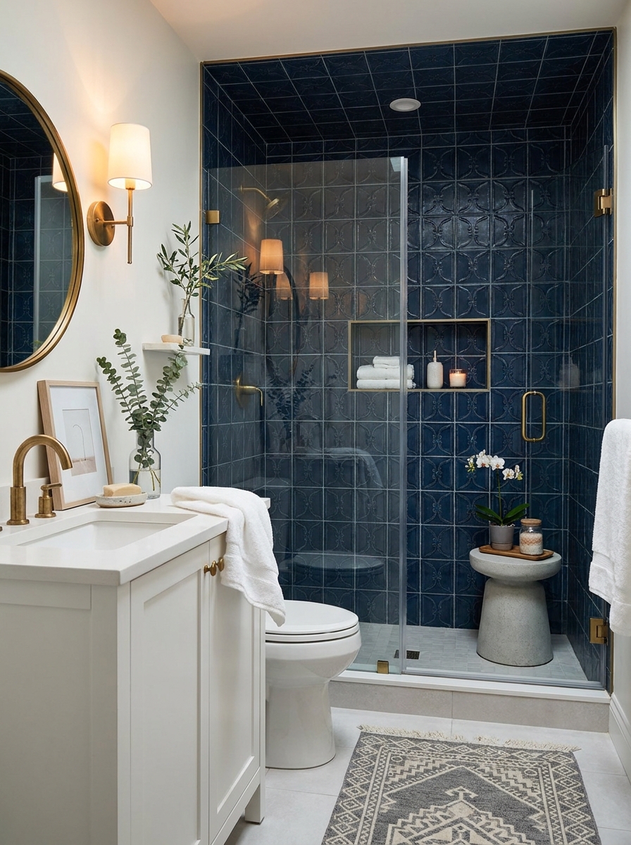 Deep Navy Tile with Pale Stone for a Crisp Tailored Look