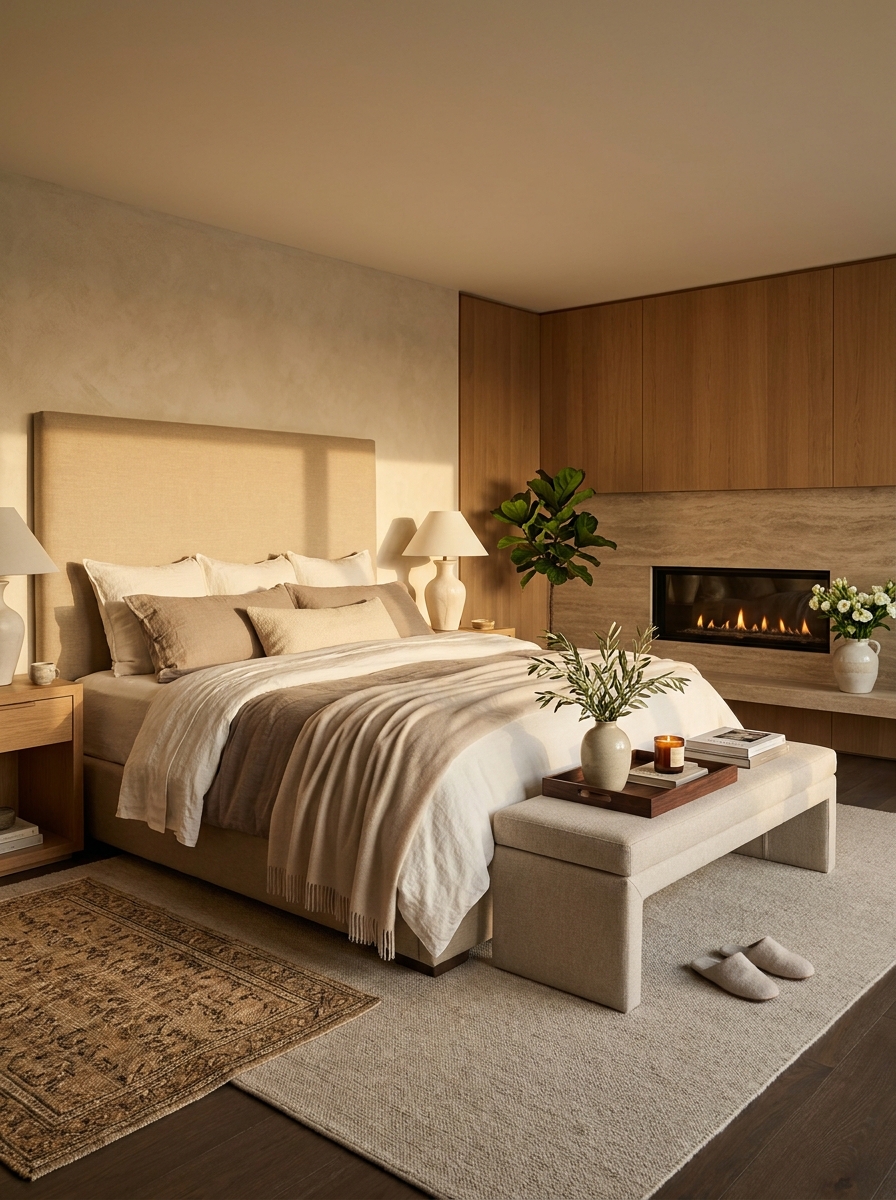 Introduce a Fireplace Feature That Turns the Bedroom Into a Retreat