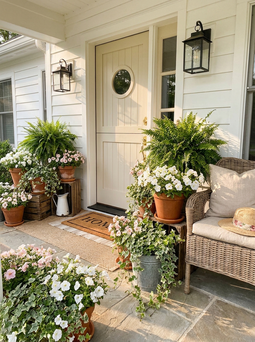 Try a Cottage Mix of Ferns, Petunias, and Ivy