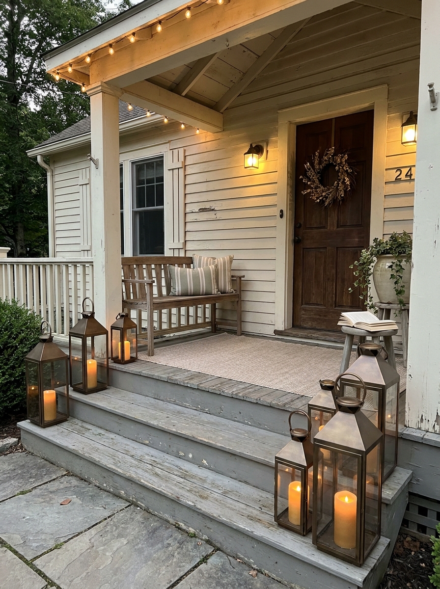 Layer Oversized Lanterns on the Steps for Instant Warmth