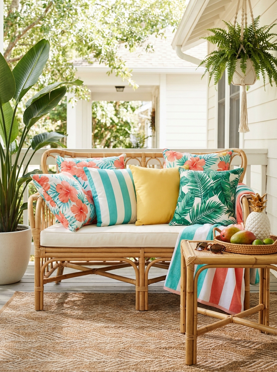 Layer Bright Cushions and Tropical Prints