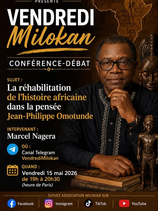 Flyer Vendredi Milokan — Conférence : La réhabilitation de l'histoire africaine dans la pensée Jean-Philippe Omotunde — 14 mai 2026