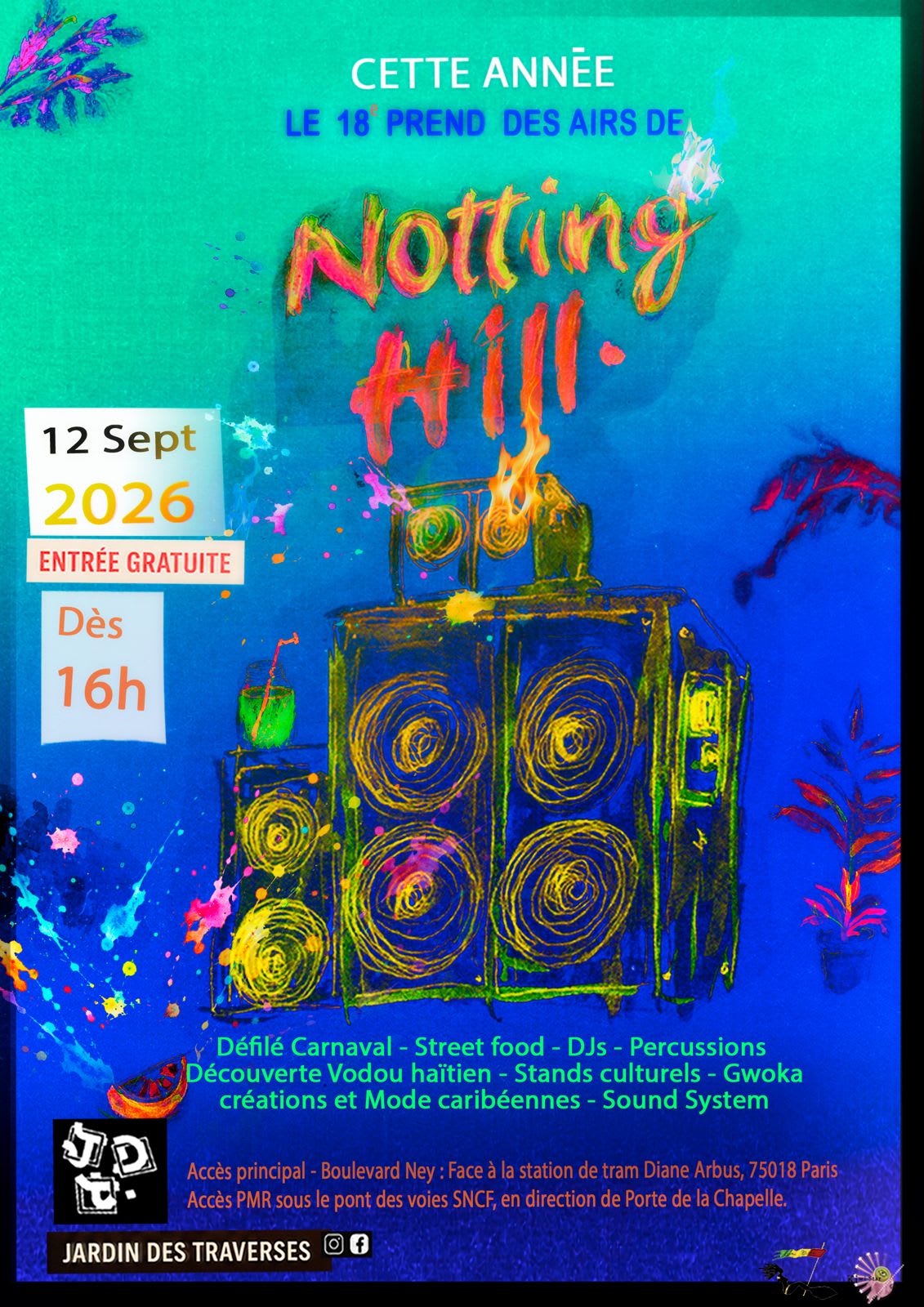 Affiche « Le 18 prend des airs de Notting Hill » — 12 septembre 2026, boulevard Ney, Paris 18
