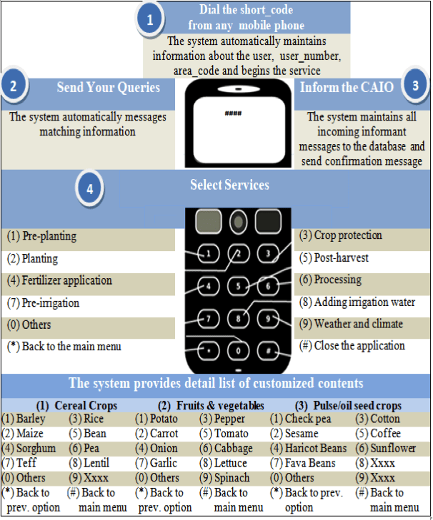 A graphical representation of the service as it relates to a mobile phone with the following main sections: 1) dial the short code from any mobile phone, 2) send your queries, 3) inform the CAIO, 4) select a service, e.g., pre-planiting, crop protection and so on.