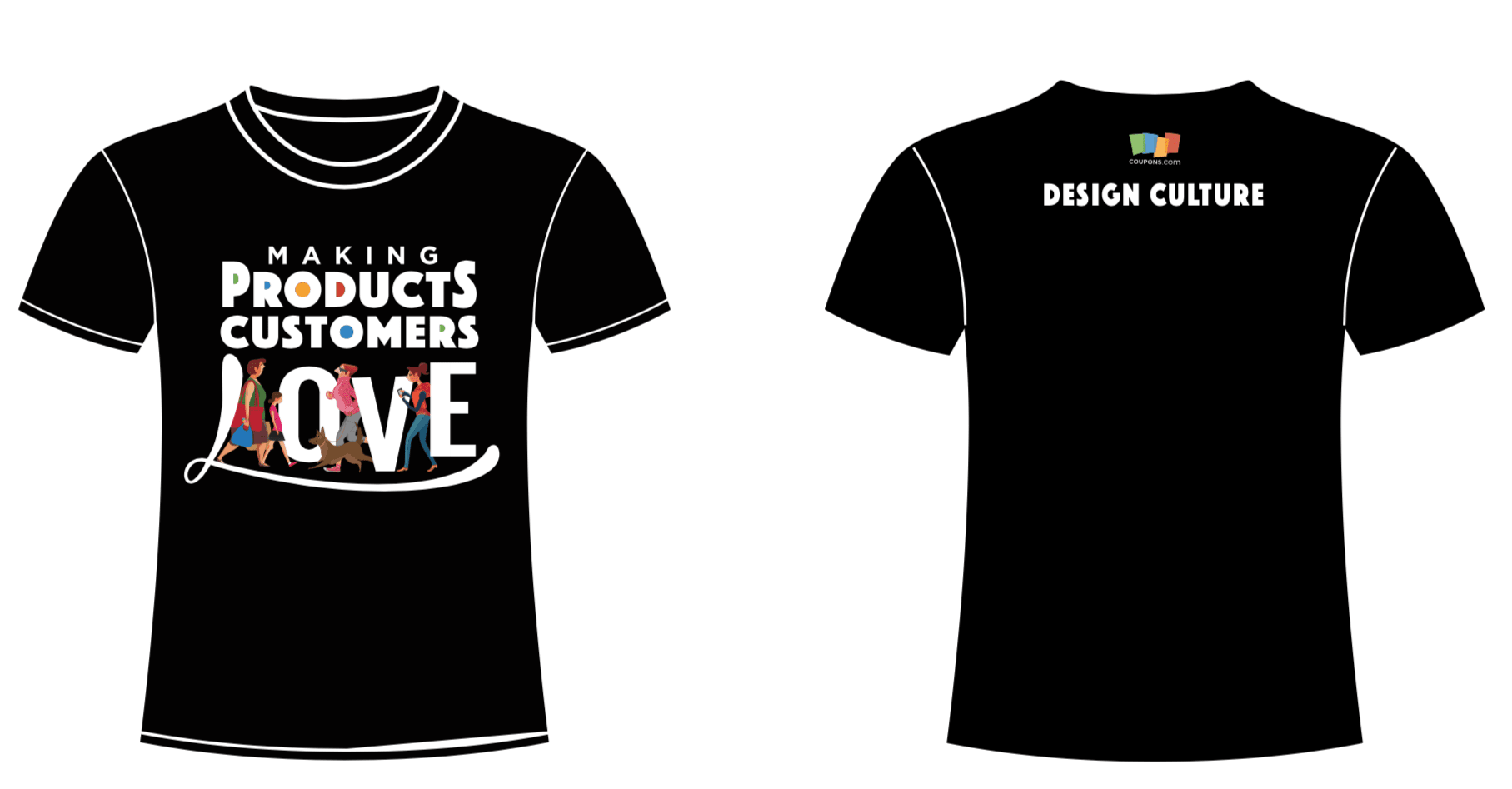 Drawing of the front and back of the promotional t-shirts: front has "Making Products Customers Love" and the back has "Design Culture."