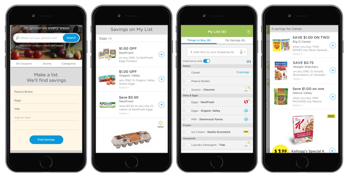 Collection of 4 smartphones with different styles of "Couponify"  including "make a list and we'll find savings" and the ability to add a specific coupon based on the list.
