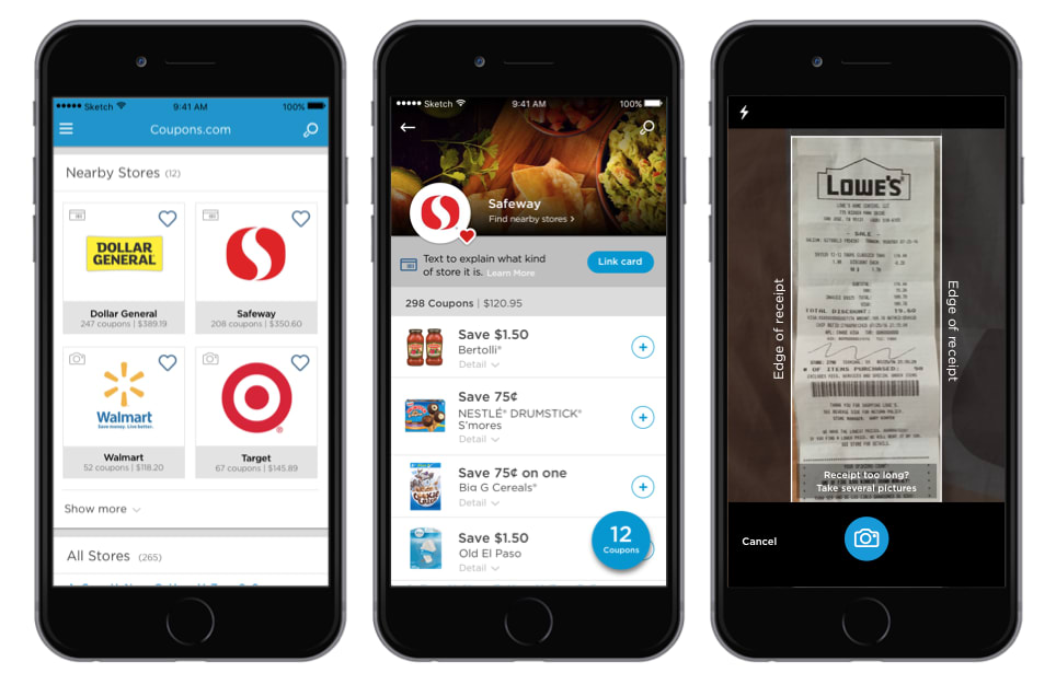 Collection of 3 smartphones with different styles of coupons featuring nearby stores, linking card offers, and receipt scanning.