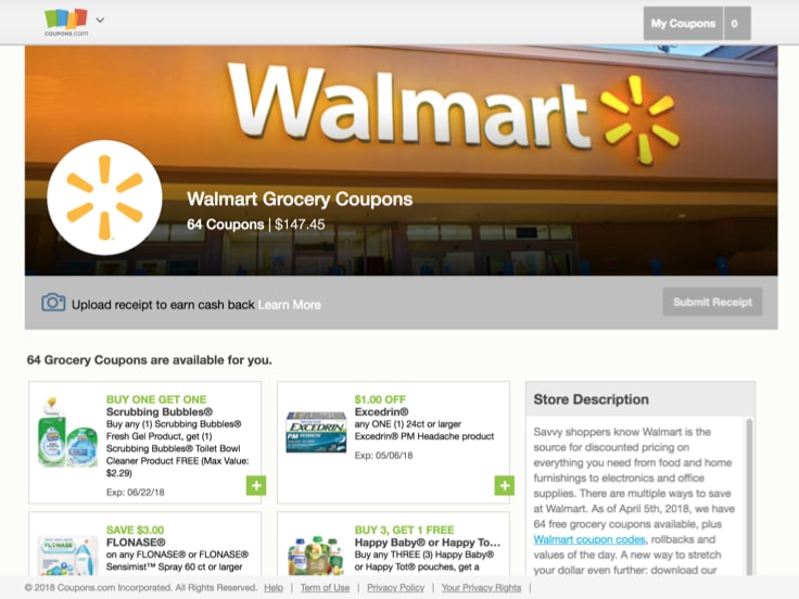 Screenshot of Walmart grocery coupons that are available from Coupons.com.