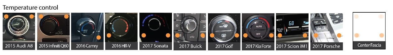 Series of photos showing the temperature controls on the center fascia for multiple types of cars.