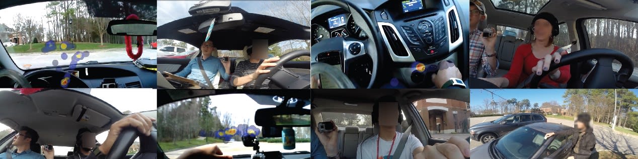 Series of 8 photos showing people driving in cars performing the tasks and using the equipment.