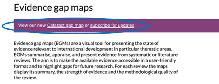 Screenshot of the new links to "Cataract gap map" or "subscribe for updates" circled.