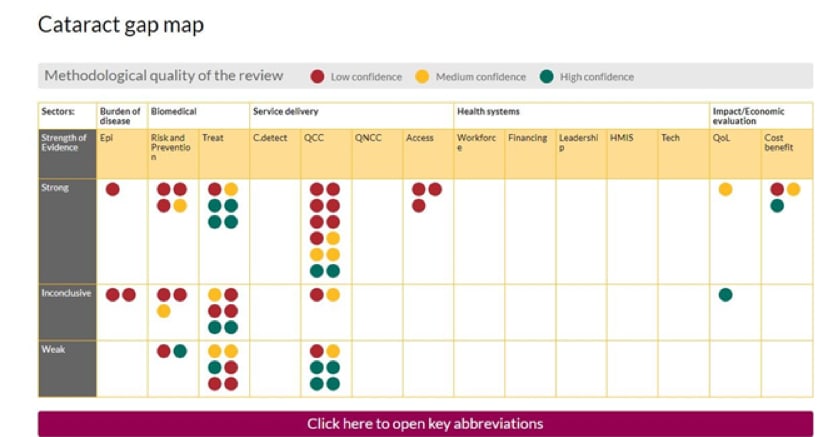 Screen shot of Sightsavers cataract gap map. The map is a matrix with interventions plotted against outcomes. In the map, you can see bubbles coloured in red, yellow and green, representing high, medium and low levels of confidence in review conclusions.