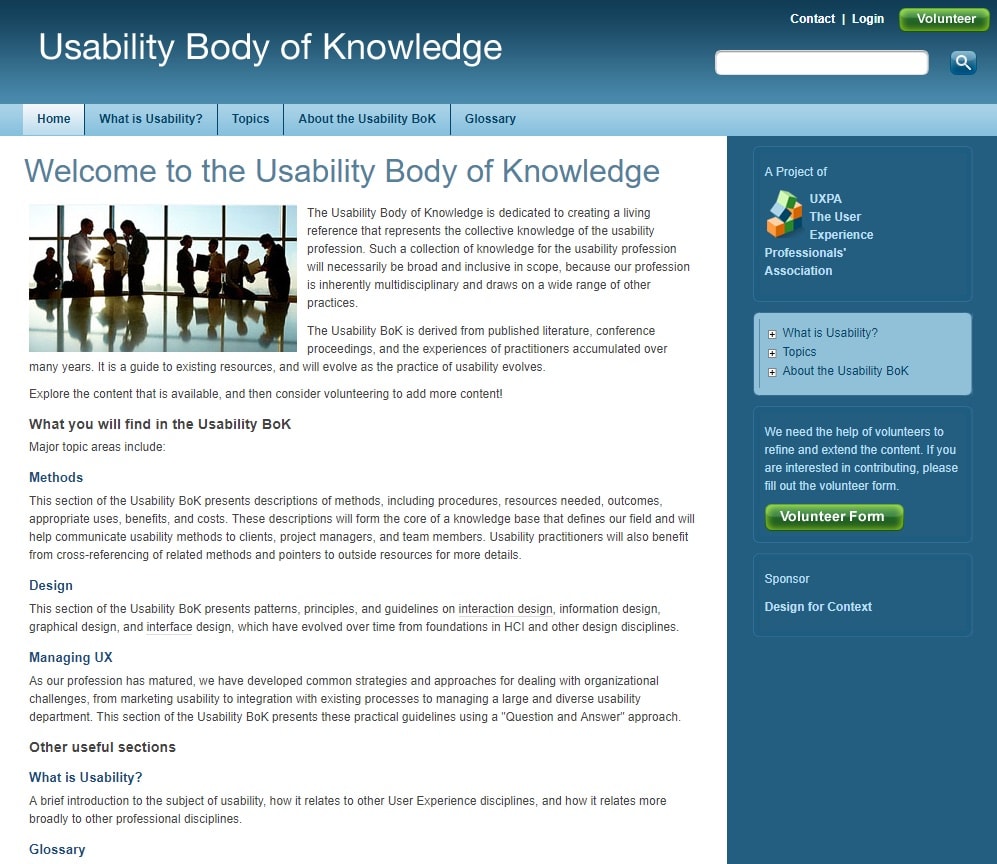 Screenshot of the homepage describing what you'll find in the Usability BoK website. The major topic areas are methods, design, managing UX, glossary, and defining usability.