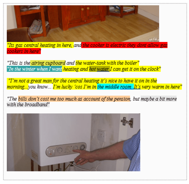 Two photos: cupboard location and heater location. Transcribed quotes are between the photos.